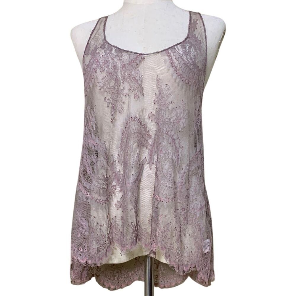 Vtg Bonnie Strauss Lace Tank Top Mauve Sheer Racerback Scalloped Hem Women’s S